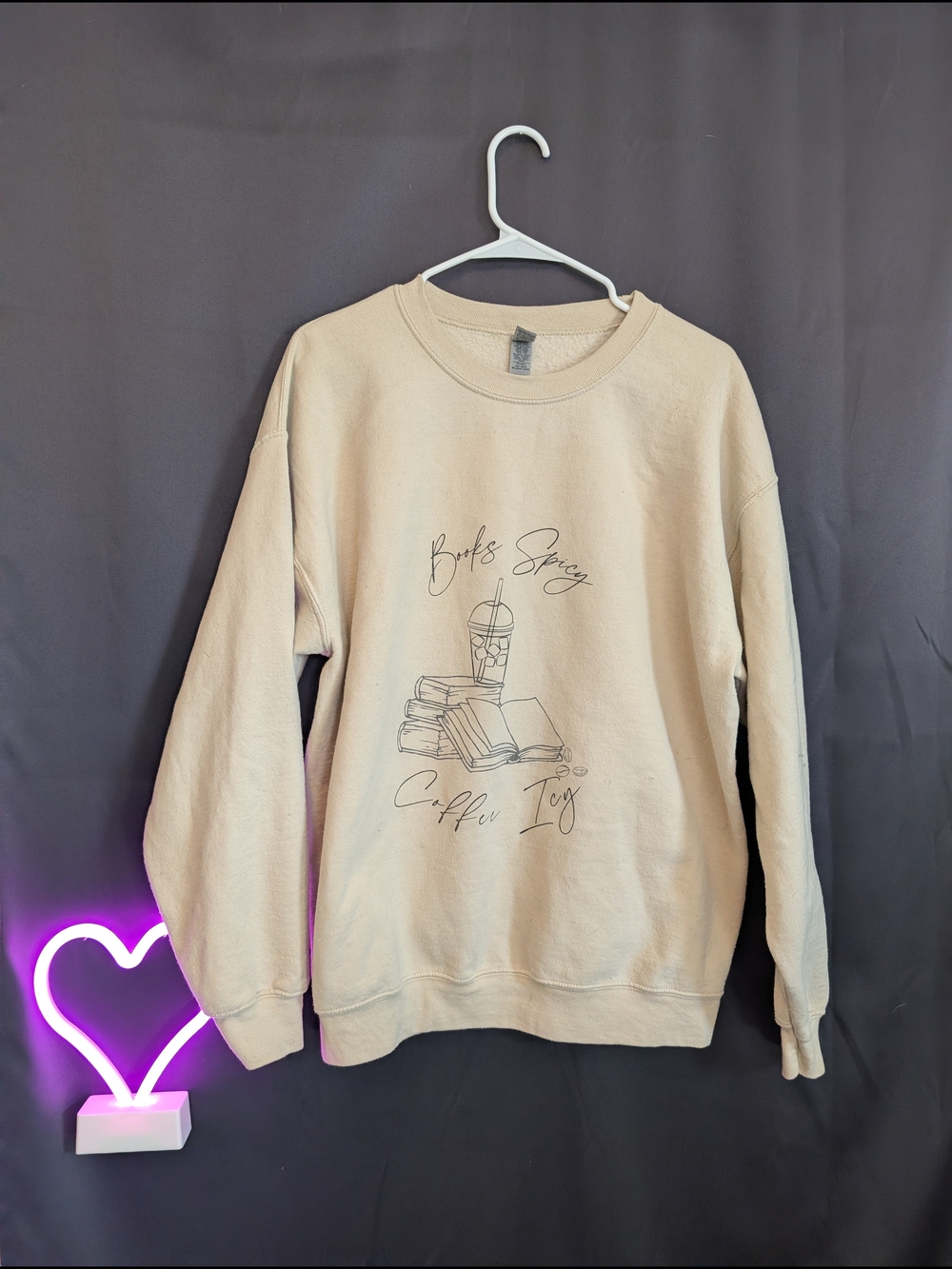 Gildan Beige Books & Coffee Crewneck Sweatshirt Tan Oversized Cozy Cuffed